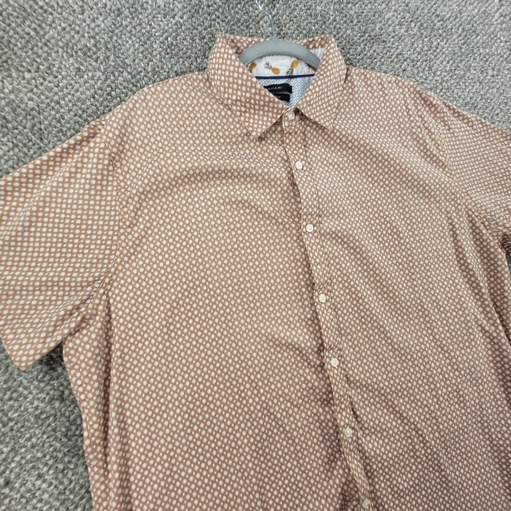 Tahari Mens XXL Stretch Short Sleeve Button Down Shirt Tan Geometric Pineapple